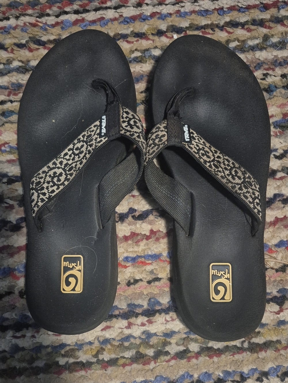Teva Black Flip Flop Sandals with Cream Patterned Straps